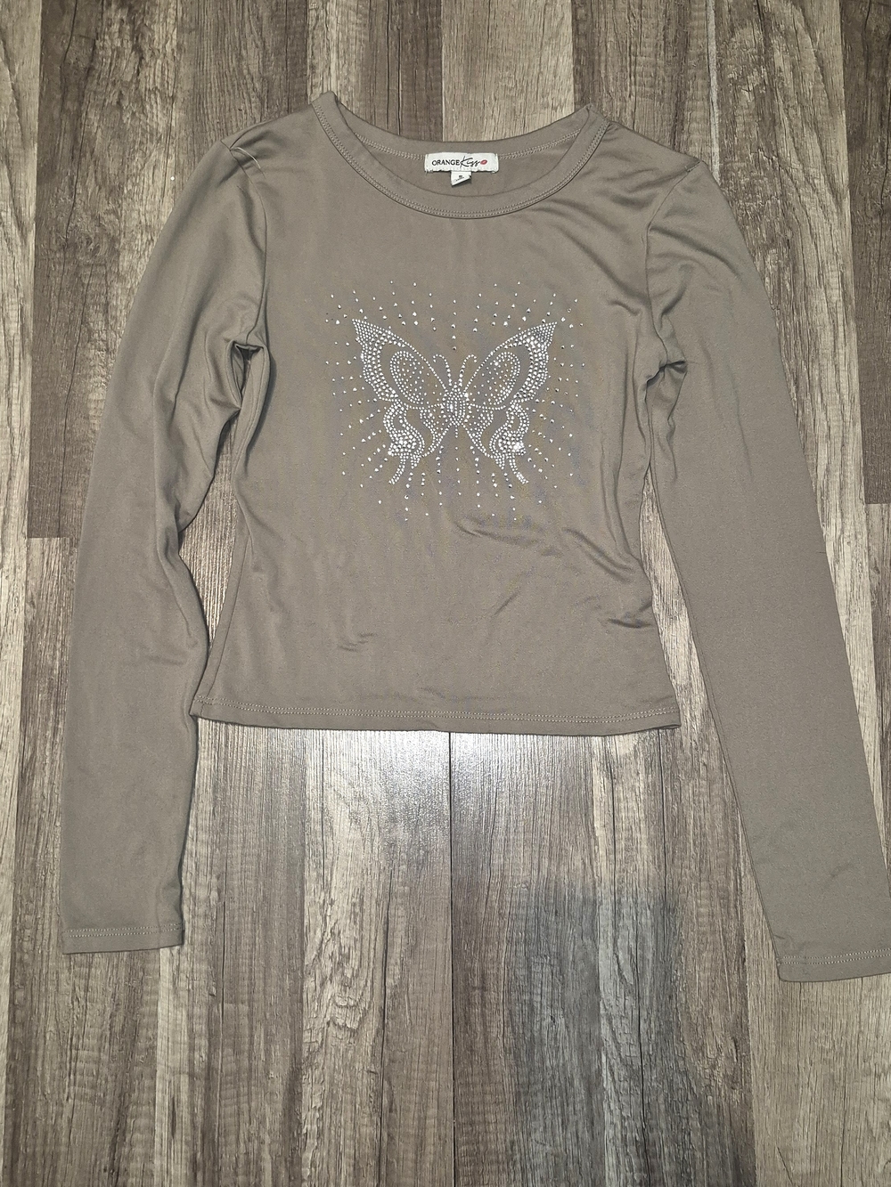 ORANGE FLOW Taupe Rhinestone Butterfly Long Sleeve Tee